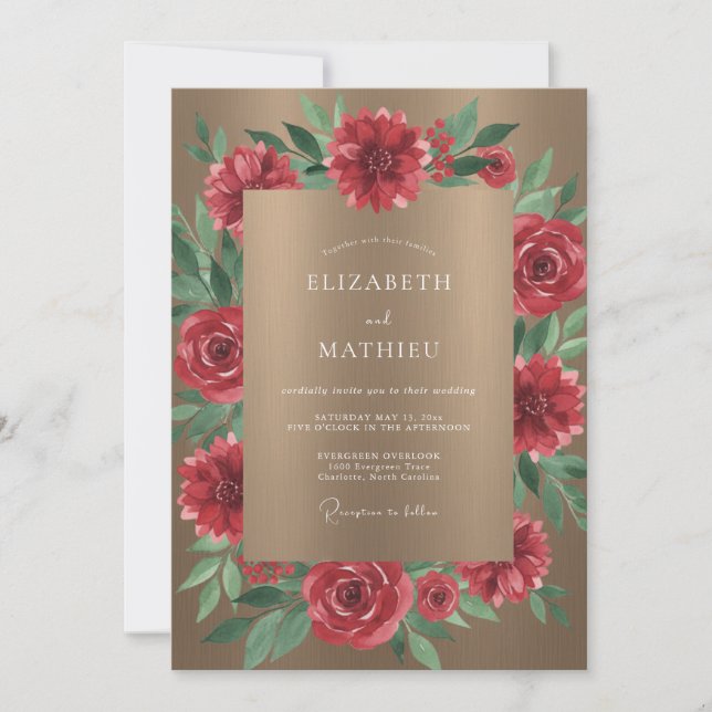 Invitación Boda Pétalo Carmesí Bronce (Anverso)