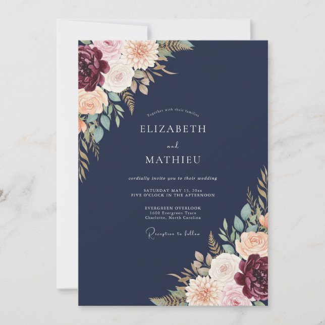 Invitación Boda Pétalo Carmesí Índigo (Anverso)