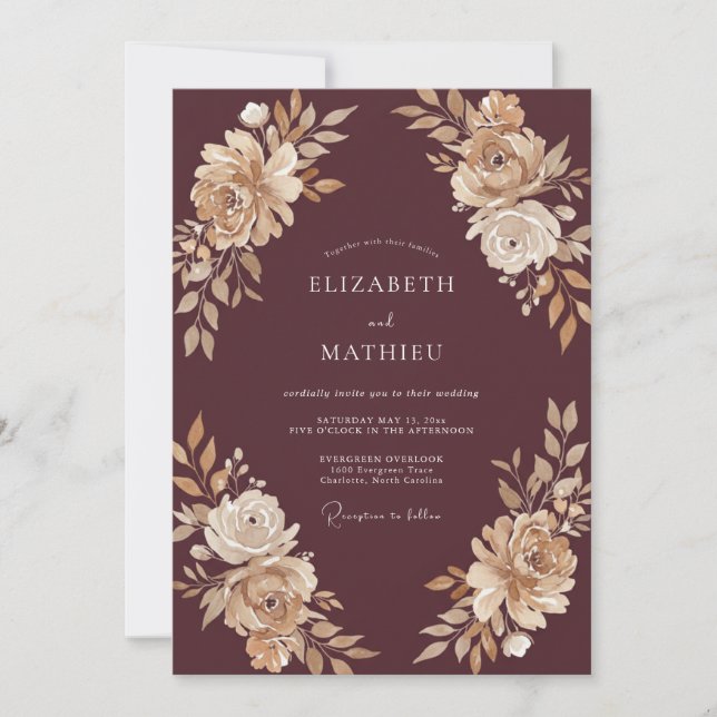 Invitación Boda Pétalo Champagne Caoba (Anverso)