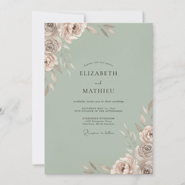Invitación Boda Pétalo Champagne Celadón (Anverso)