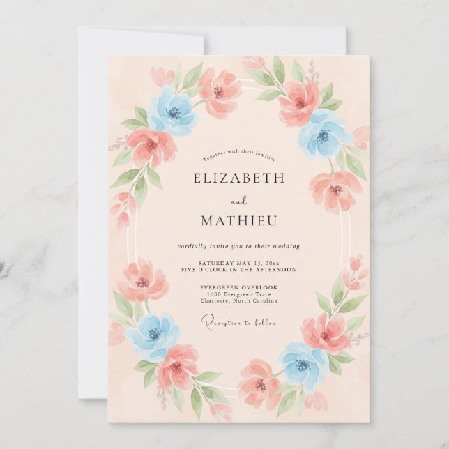 Invitación Boda Pétalo Coral Cielo (Anverso)
