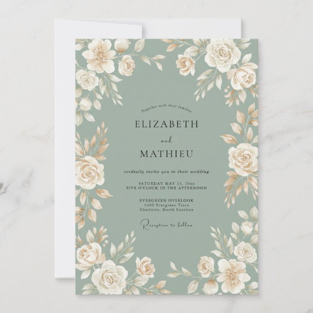 Invitación Boda Pétalo Crema Celadón (Anverso)