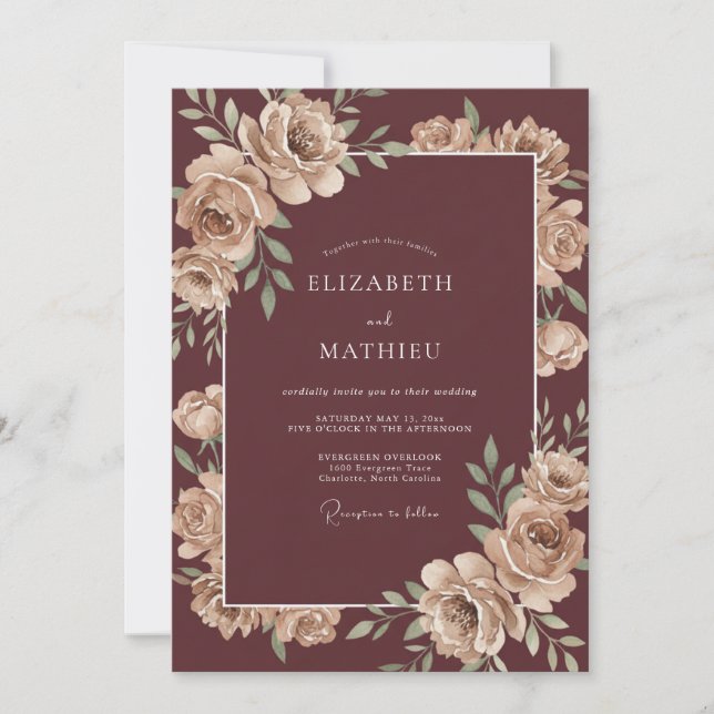 Invitación Boda Pétalo de Champán de Burdeos (Anverso)