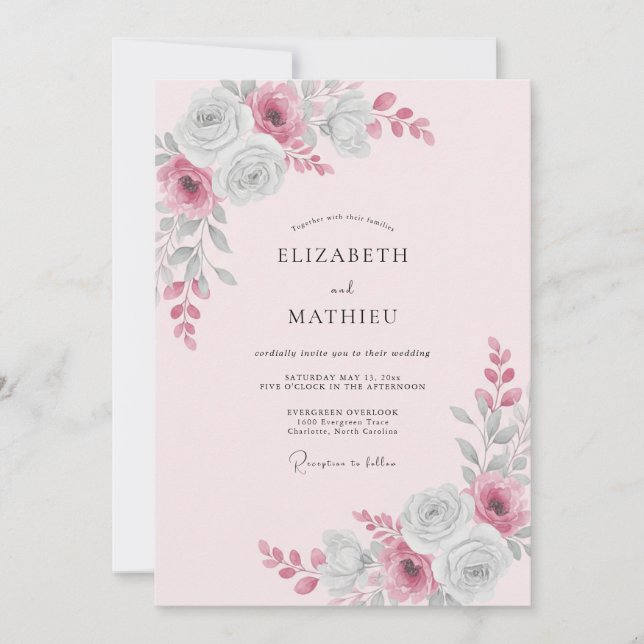 Invitación Boda Pétalo de Frambuesa Plateada (Anverso)