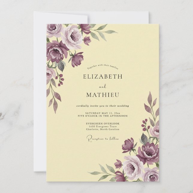 Invitación Boda Pétalo de Lavanda Amarillo Pálido (Anverso)
