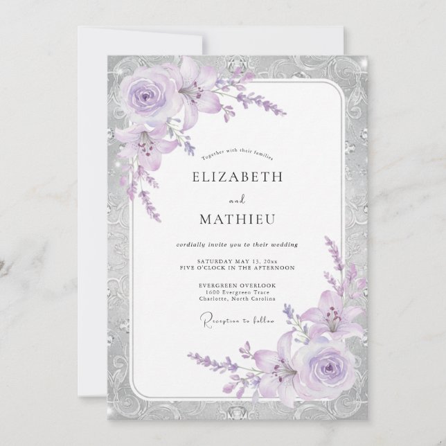 Invitación Boda Pétalo de Lila Plateado (Anverso)
