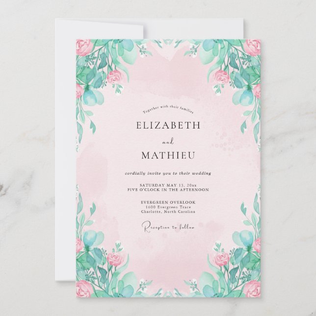 Invitación Boda Pétalo de Menta Rosa Flor (Anverso)