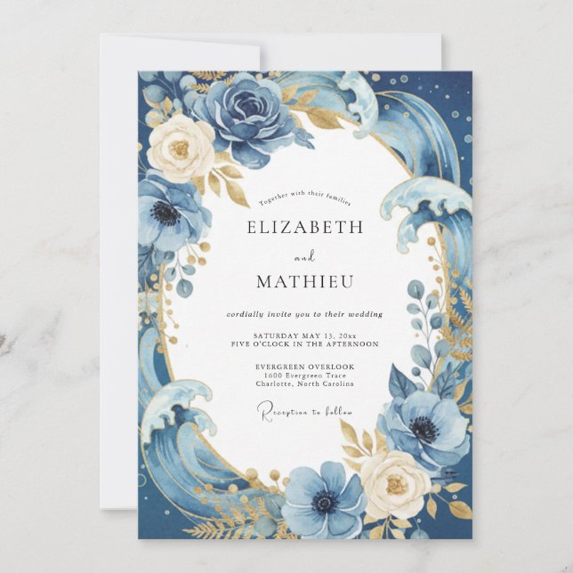 Invitación Boda Pétalo de Oro Cobalto (Anverso)