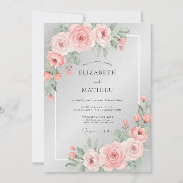 Invitación Boda Pétalo de Rubor Plateado (Anverso)