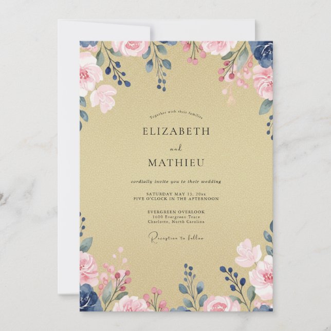 Invitación Boda Pétalo Índigo Champán (Anverso)