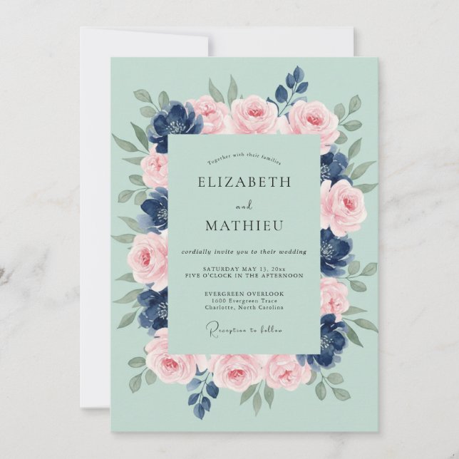Invitación Boda Pétalo Índigo Espuma de Mar (Anverso)