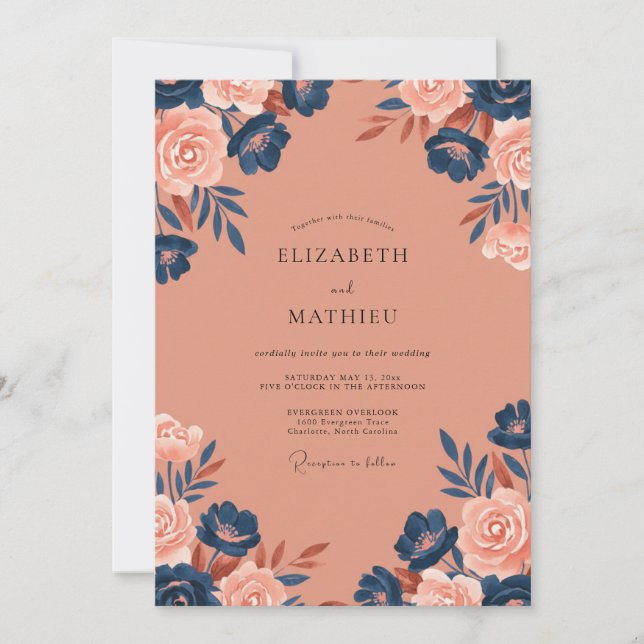 Invitación Boda Pétalo Índigo Salmón (Anverso)