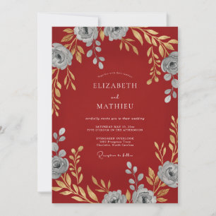 Invitación Boda Pétalo Plateado Carmesí