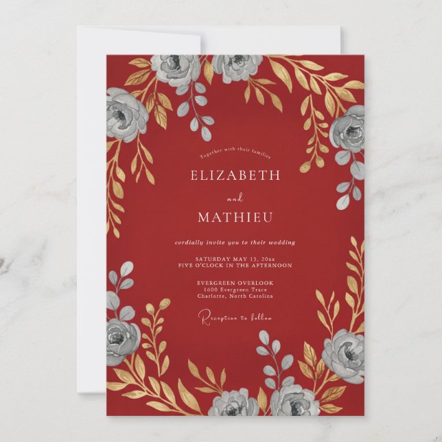 Invitación Boda Pétalo Plateado Carmesí (Anverso)