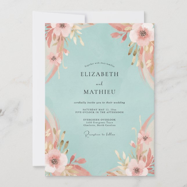 Invitación Boda Pétalo Rosa Aqua (Anverso)