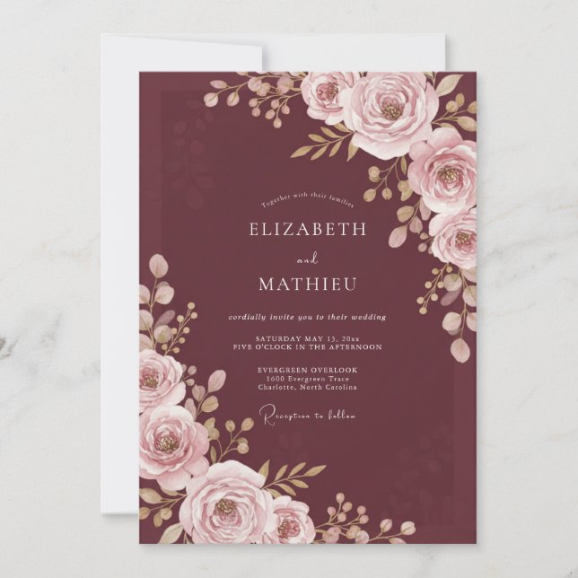 Invitación Boda Pétalo Rubor Granate (Anverso)