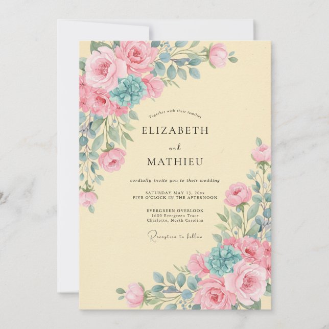 Invitación Boda Pétalo Turquesa Amarillo Pálido (Anverso)