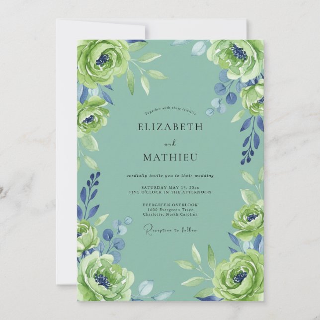 Invitación Boda Pétalo Verde Lima Espuma de Mar (Anverso)