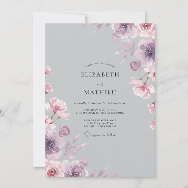 Invitación Boda Pétalo Violeta Plateado (Anverso)