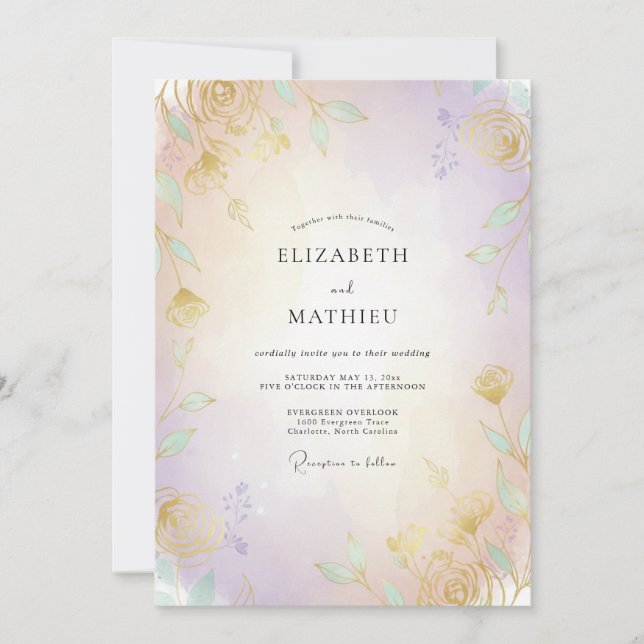 Invitación Boda Pétalos Dorados Irisados (Anverso)
