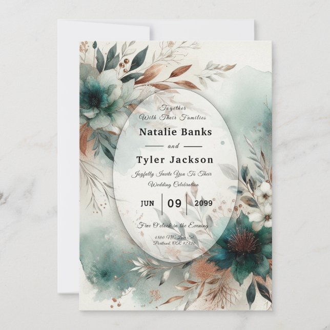 Invitación Boda Pétalos Turquesa en Flor de Bronce (Anverso)