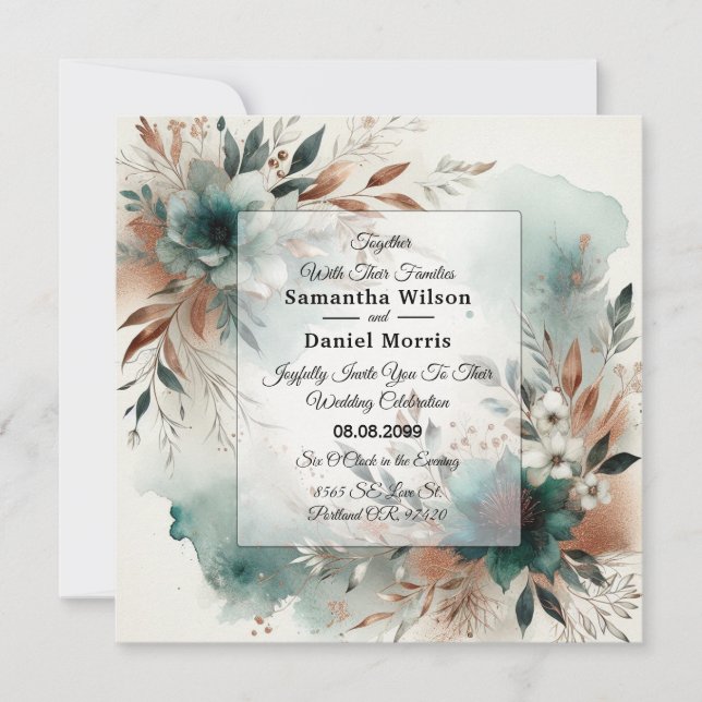 Invitación Boda Pétalos Turquesa en Flor de Bronce (Anverso)