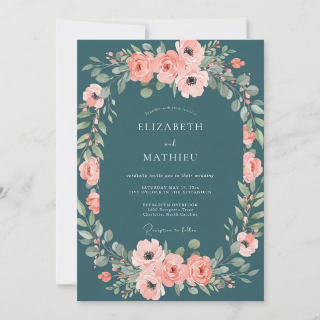 Invitación Boda Petrol Coral Blossom (Anverso)