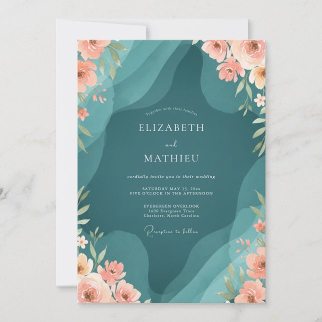 Invitación Boda Petrol Naranja Ranunculus Eucalipto (Anverso)