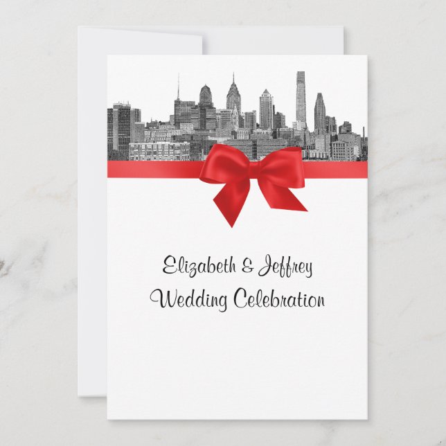 Invitación Boda Philadelphia Skyline Etch BW Red V (Anverso)