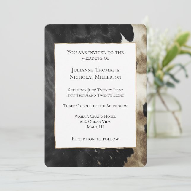 Invitación Boda Piel de vaca de champán negro (Anverso de pie)