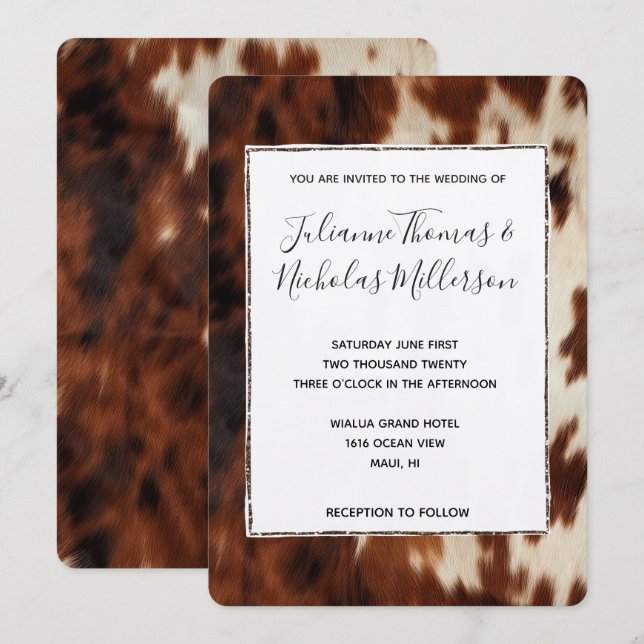 Invitación Boda Piel de vaca de Cream Brown (Anverso / Reverso)