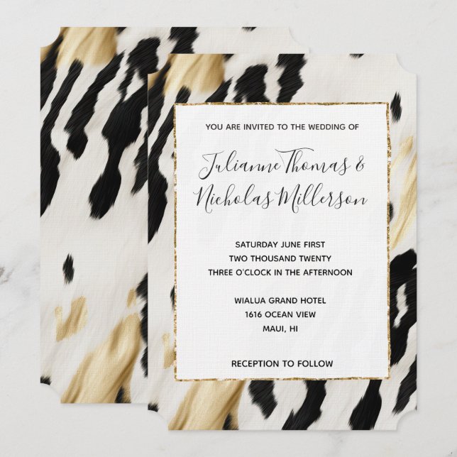 Invitación Boda Piel de vaca del suroeste negro de oro blanco (Anverso / Reverso)