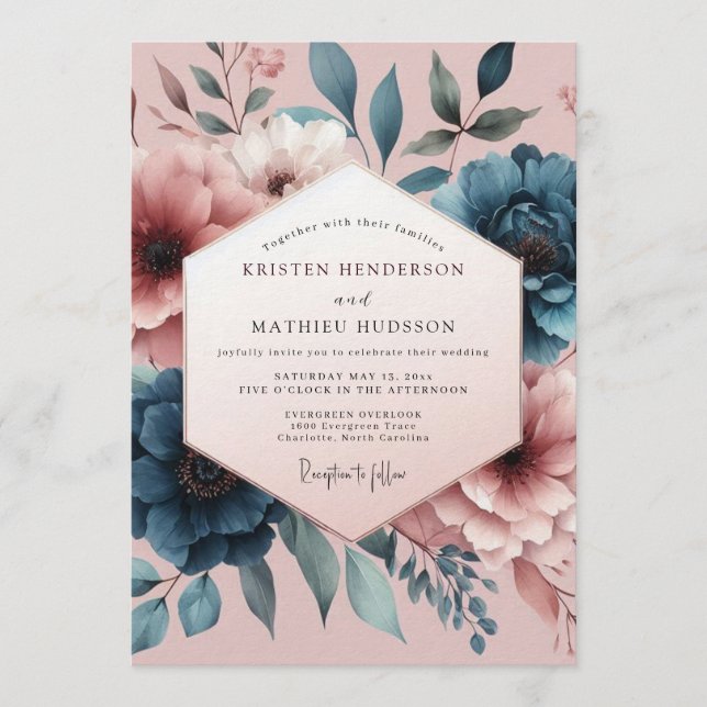 Invitación Boda Pincelada Floral Teal Blush (Anverso)