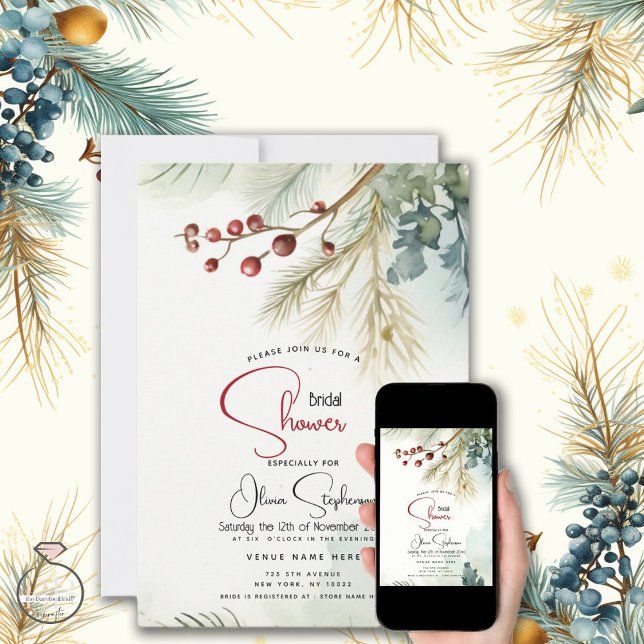 Invitación Boda | Pine Mistletoe acuarela y Berries (Subido por el creador)