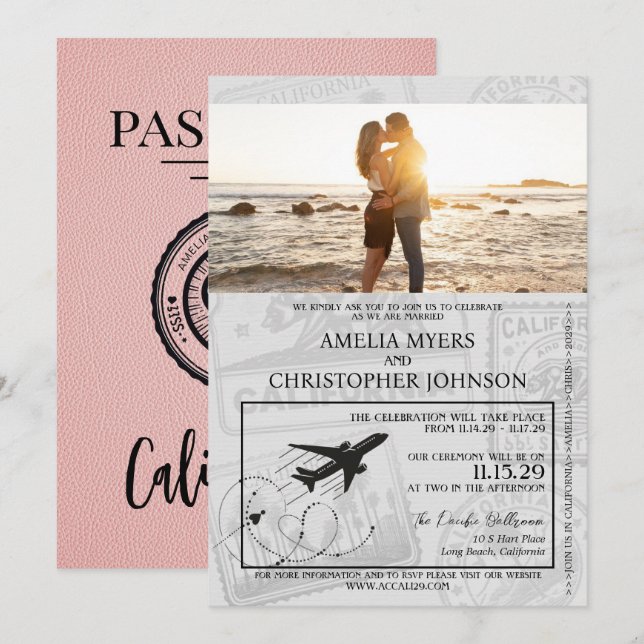 Invitación Boda Pink California Passport (Anverso / Reverso)