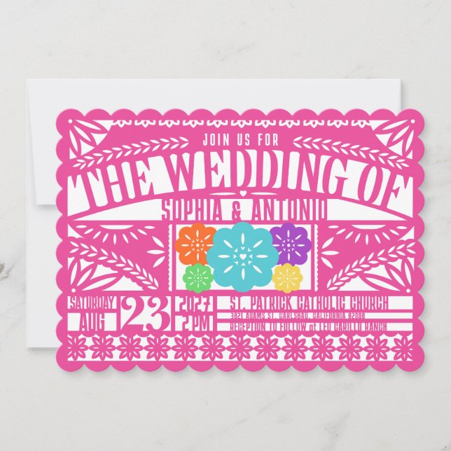 Invitación Boda PINK con bandera de pino de papel de México (Anverso)