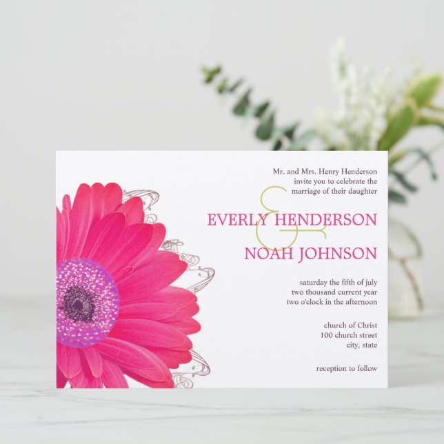 Invitación Boda Pink Floral Gerber Daisy (Anverso de pie)
