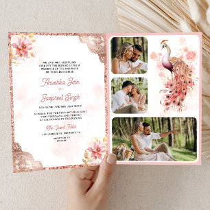 Invitación Boda Pink Rose Gold Lace Floral Indian Peacock