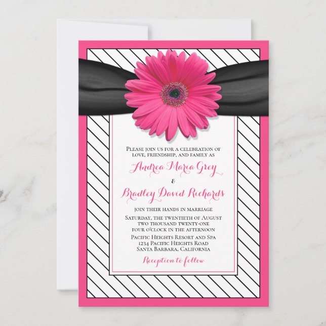 Invitación Boda Pinstripe Blanco Negro Rosa (Anverso)