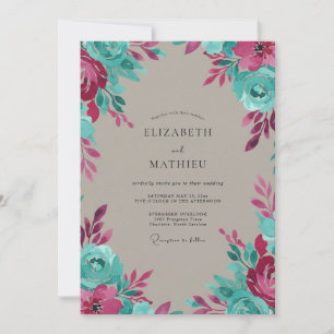 Invitación Boda Pintada a Mano Aqua Magenta