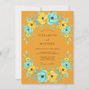 Invitación Boda Pintada a Mano Mostaza Turquesa