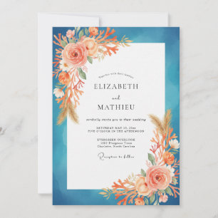 Invitación Boda Pintada Albaricoque Verde Teal