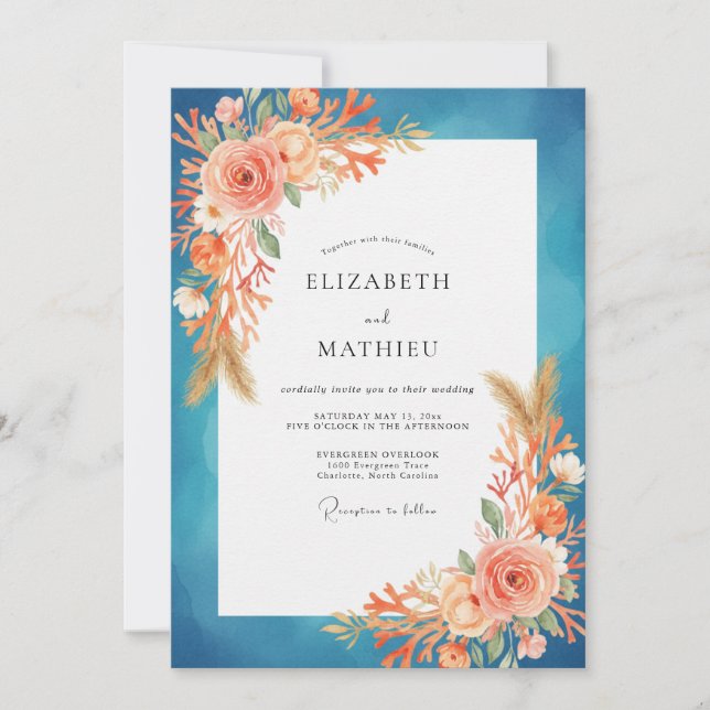 Invitación Boda Pintada Albaricoque Verde Teal (Anverso)