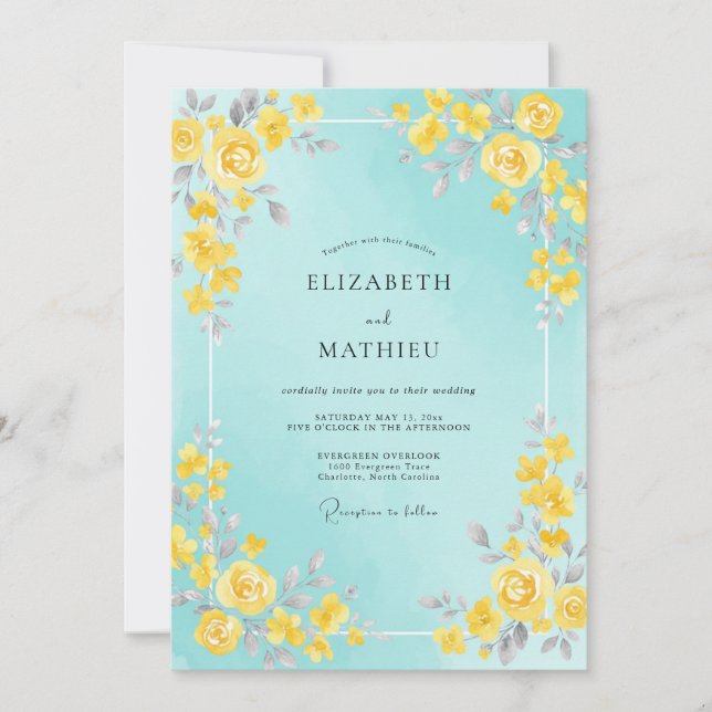 Invitación Boda Pintada Aqua Limón (Anverso)