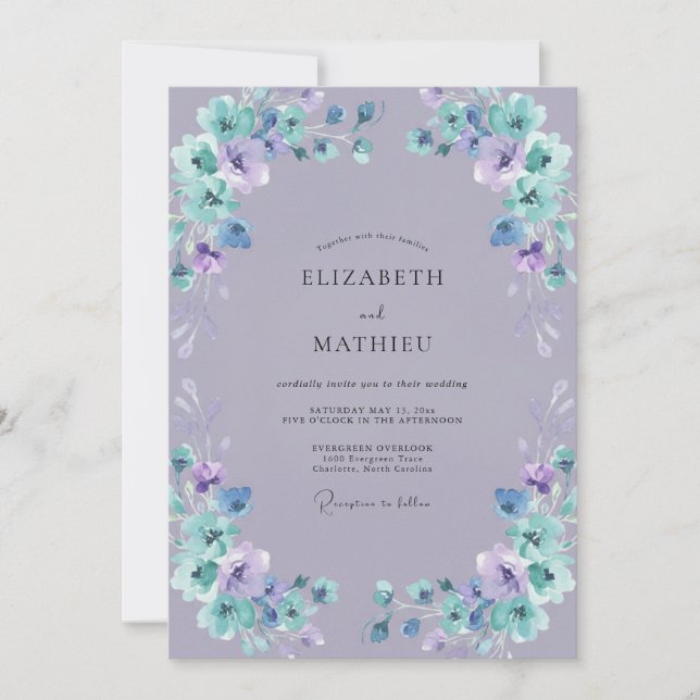 Invitación Boda Pintada Boho Periwinkle Teal (Anverso)