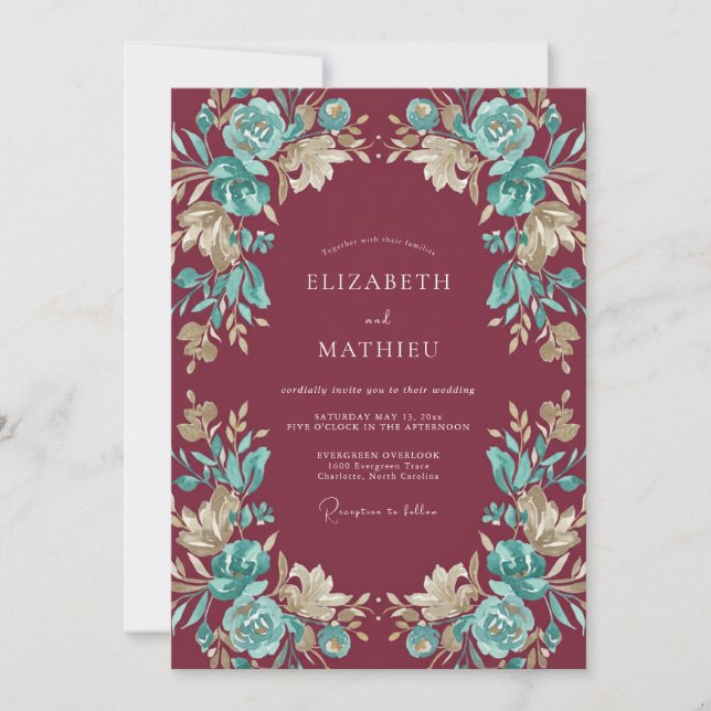 Invitación Boda Pintada Burgundy Aqua (Anverso)