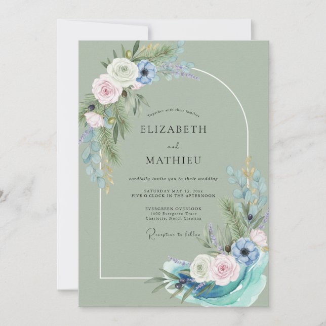 Invitación Boda Pintada Celadón Azul (Anverso)