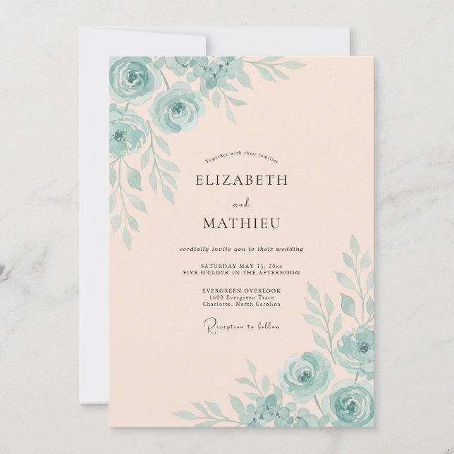 Invitación Boda Pintada con Champán Aqua Blush (Anverso)