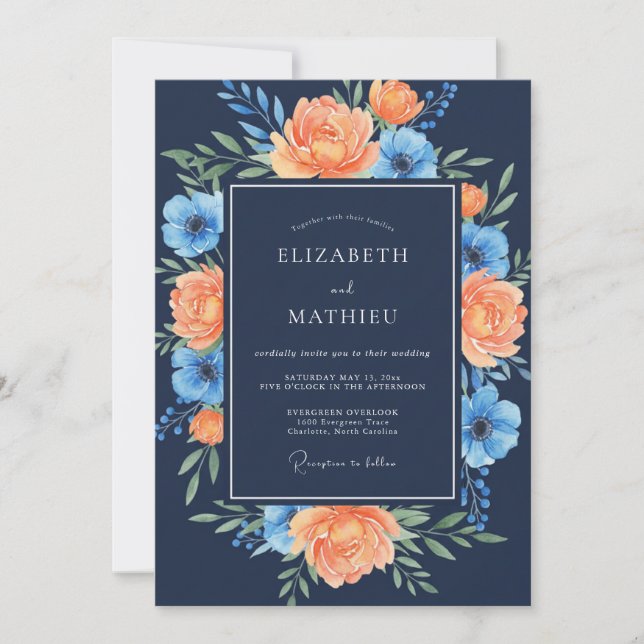 Invitación Boda Pintada con Coral Suave de Navy (Anverso)