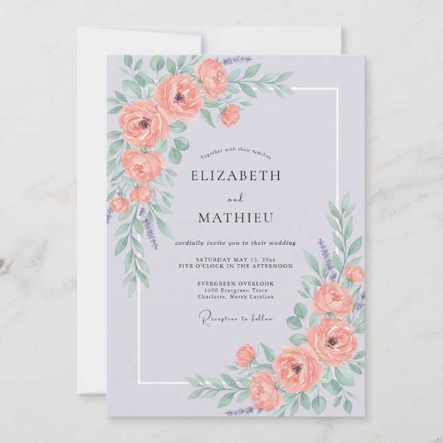Invitación Boda Pintada con Flor de Coral (Anverso)
